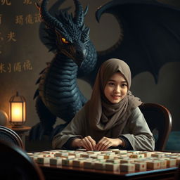A young woman wearing a stylish hijab, sitting at a mahjong table, intensely focused on her game