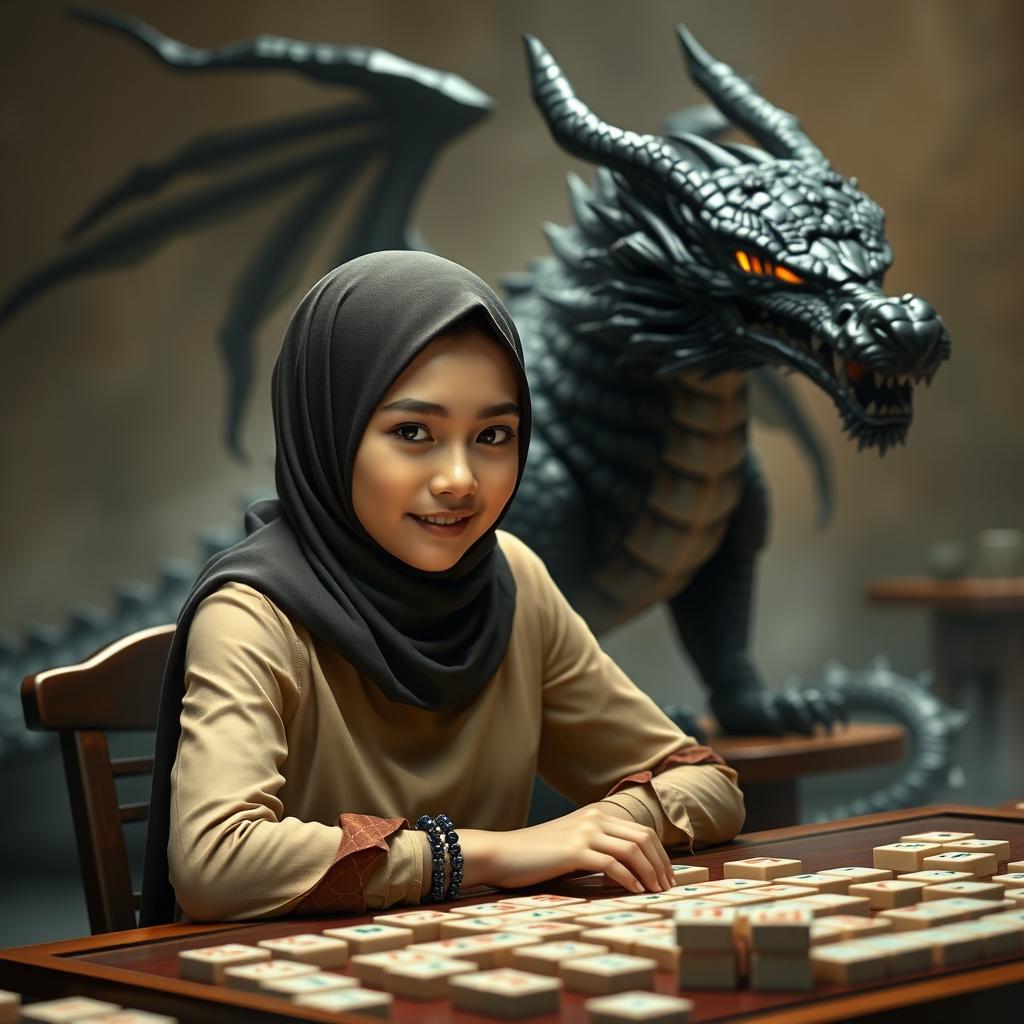 A young woman wearing a stylish hijab, sitting at a mahjong table, intensely focused on her game