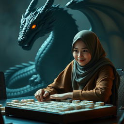 A young woman wearing a stylish hijab, sitting at a mahjong table, intensely focused on her game