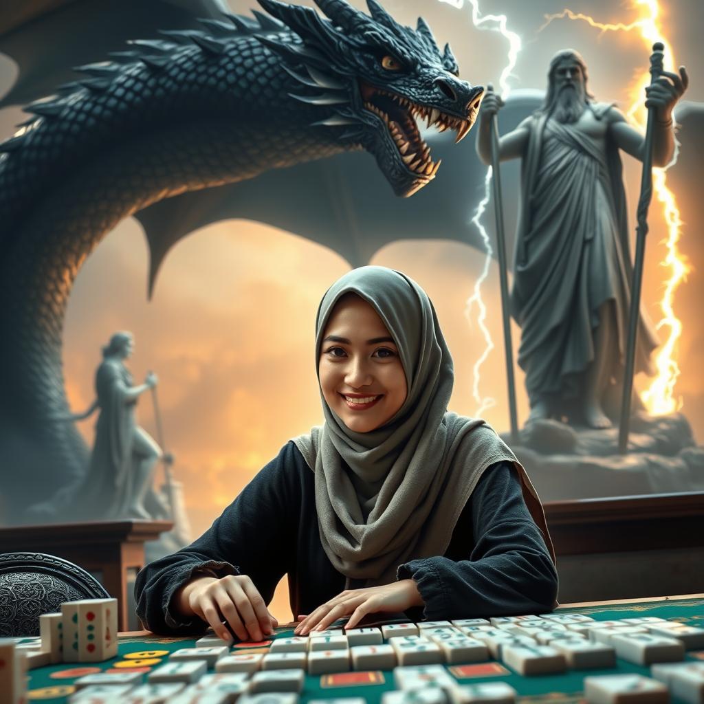 A young woman wearing a stylish hijab, sitting at a mahjong table, deeply engaged in her game