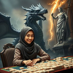 A young woman wearing a stylish hijab, sitting at a mahjong table, deeply engaged in her game