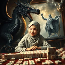 A young woman wearing a stylish hijab, sitting at a mahjong table, deeply engaged in her game