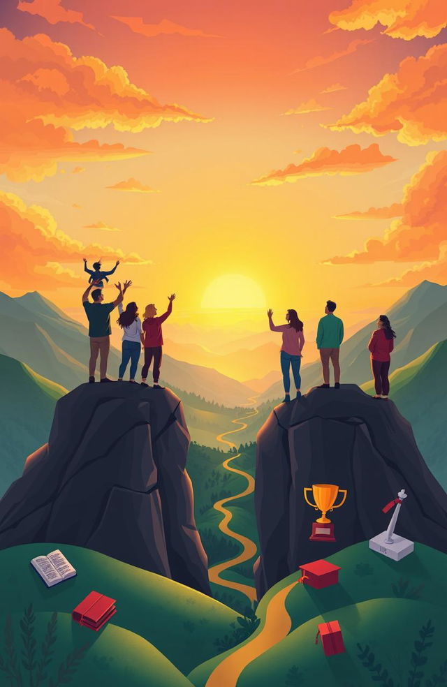 A motivational and inspiring illustration depicting the concept of success, featuring a diverse group of people standing on top of a mountain, overlooking a breathtaking sunrise