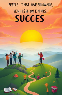 A motivational and inspiring illustration depicting the concept of success, featuring a diverse group of people standing on top of a mountain, overlooking a breathtaking sunrise