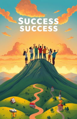 A motivational and inspiring illustration depicting the concept of success, featuring a diverse group of people standing on top of a mountain, overlooking a breathtaking sunrise