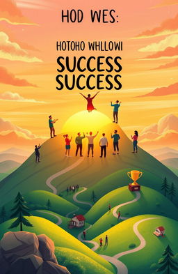 A motivational and inspiring illustration depicting the concept of success, featuring a diverse group of people standing on top of a mountain, overlooking a breathtaking sunrise