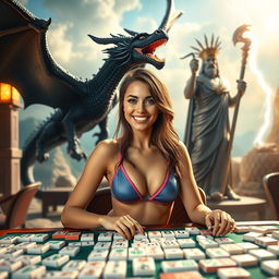 A confident young woman in a stylish bikini, seated at a mahjong table, enthusiastically playing the game
