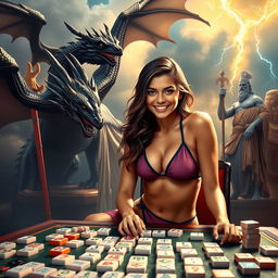 A confident young woman in a stylish bikini, seated at a mahjong table, enthusiastically playing the game