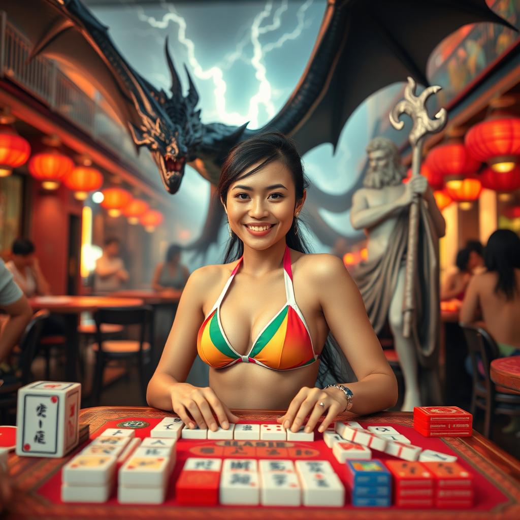 An Indonesian woman in a fashionable bikini, seated at a mahjong table with a cheerful expression, enjoying her game