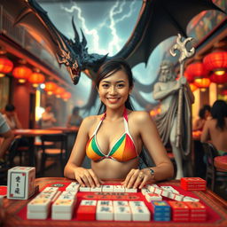 An Indonesian woman in a fashionable bikini, seated at a mahjong table with a cheerful expression, enjoying her game