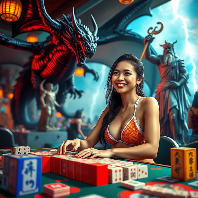 An Indonesian woman in a fashionable bikini, seated at a mahjong table with a cheerful expression, enjoying her game