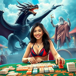 An Indonesian woman in a fashionable bikini, seated at a mahjong table with a cheerful expression, enjoying her game