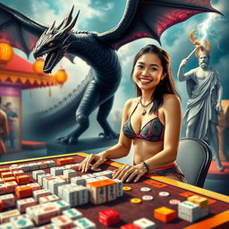 An Indonesian woman in a fashionable bikini, seated at a mahjong table with a cheerful expression, enjoying her game