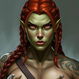 A meticulously detailed character portrait of a half-orc barbarian woman, showcasing her striking features of light green skin and expressive orange/yellow eyes