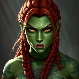 A meticulously detailed character portrait of a half-orc barbarian woman, showcasing her striking features of light green skin and expressive orange/yellow eyes