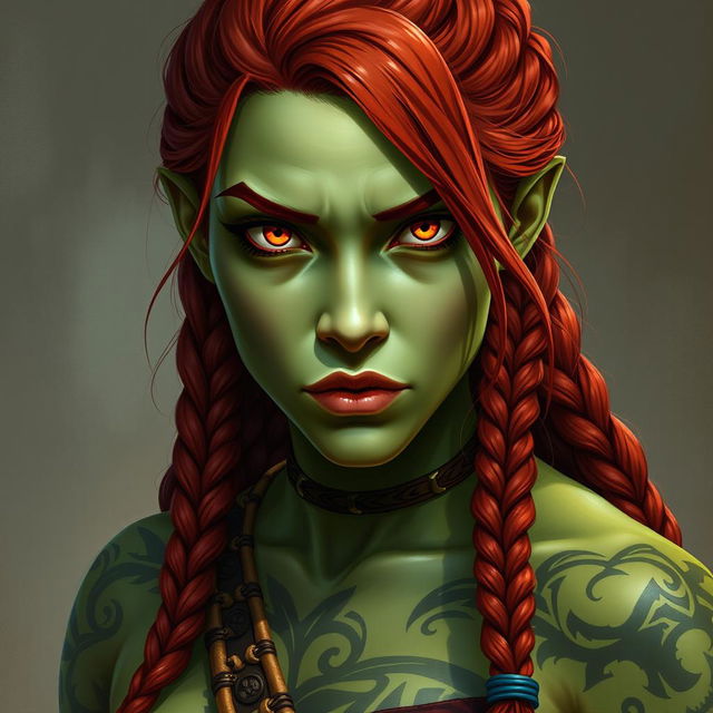 A meticulously detailed character portrait of a half-orc barbarian woman, showcasing her striking features of light green skin and expressive orange/yellow eyes