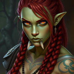A meticulously detailed character portrait of a half-orc barbarian woman, showcasing her striking features of light green skin and expressive orange/yellow eyes