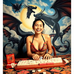 An Indonesian woman in a fashionable bikini, joyfully playing mahjong at a table, with a cheerful expression as she skillfully handles the colorful mahjong tiles