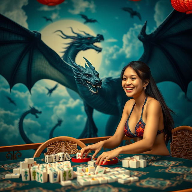 An Indonesian woman in a fashionable bikini, joyfully playing mahjong at a table, with a cheerful expression as she skillfully handles the colorful mahjong tiles