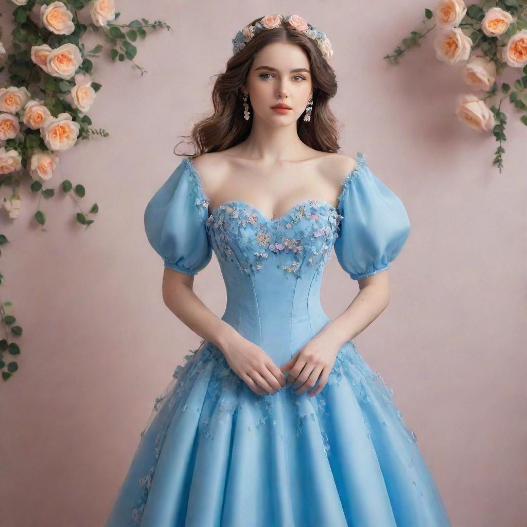 A full, viral sensation-style, flowy, blue corset dress adorned with flowers and sleeves, worn by a pale-skinned girl. The dress embodies current trendy elegance.