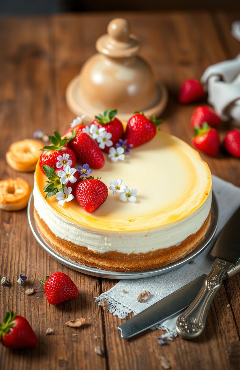 A beautifully presented bakery cheesecake on a rustic wooden table, adorned with fresh strawberries and edible flowers