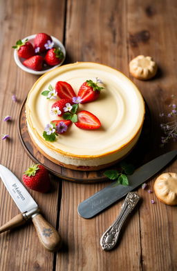 A beautifully presented bakery cheesecake on a rustic wooden table, adorned with fresh strawberries and edible flowers