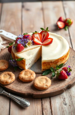 A beautifully presented bakery cheesecake on a rustic wooden table, adorned with fresh strawberries and edible flowers
