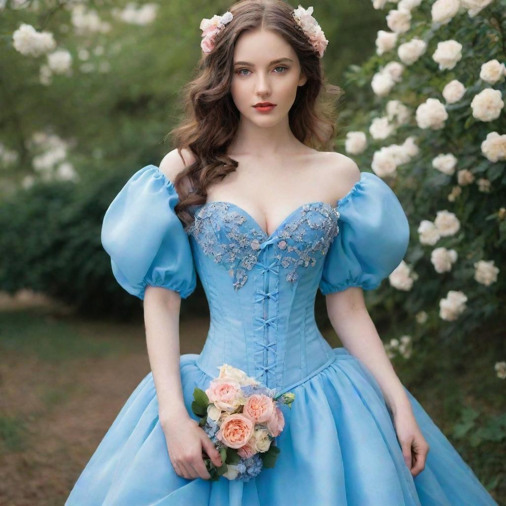 A full, viral sensation-style, flowy, blue corset dress adorned with flowers and sleeves, worn by a pale-skinned girl. The dress embodies current trendy elegance.