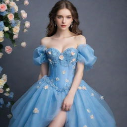 A full, viral sensation-style, flowy, blue corset dress adorned with flowers and sleeves, worn by a pale-skinned girl. The dress embodies current trendy elegance.