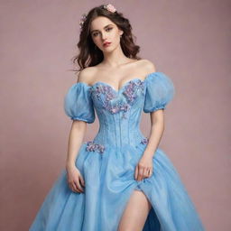 A full, viral sensation-style, flowy, blue corset dress adorned with flowers and sleeves, worn by a pale-skinned girl. The dress embodies current trendy elegance.