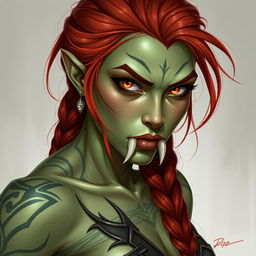 A stunning character portrait of a half-orc barbarian woman, featuring her distinctive light green skin and expressive orange/yellow eyes