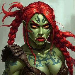 A stunning character portrait of a half-orc barbarian woman, featuring her distinctive light green skin and expressive orange/yellow eyes