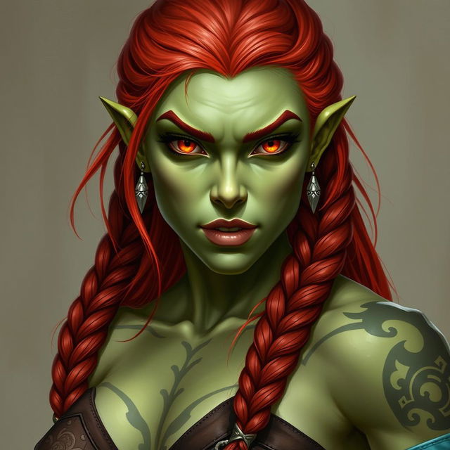 A stunning character portrait of a half-orc barbarian woman, featuring her distinctive light green skin and expressive orange/yellow eyes