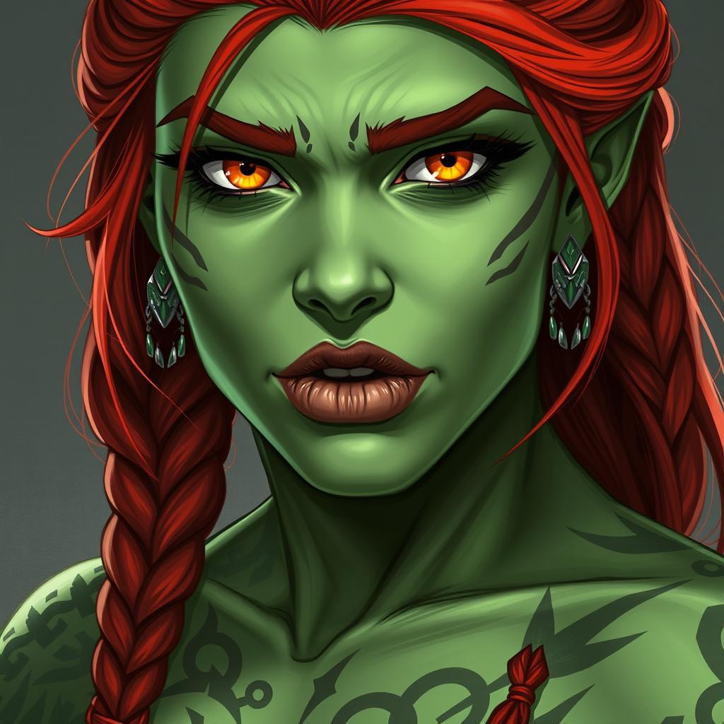 A stunning character portrait of a half-orc barbarian woman, featuring her distinctive light green skin and expressive orange/yellow eyes