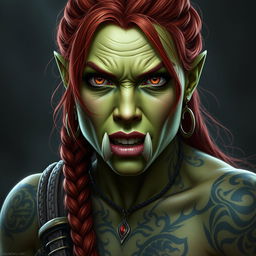 A hyper-realistic character portrait of a half-orc barbarian woman set in a dark fantasy realm