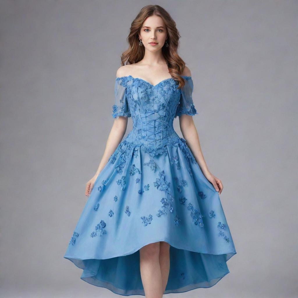 A viral-style, blue, flowy flower corset dress with sleeves, worn by a pale-skinned girl. The dress is not a gown but captures a trendy, casual elegance.