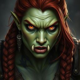 A hyper-realistic character portrait of a half-orc barbarian woman set in a dark fantasy realm