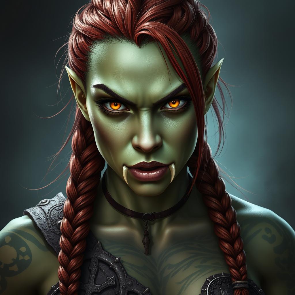 A hyper-realistic character portrait of a half-orc barbarian woman set in a dark fantasy realm