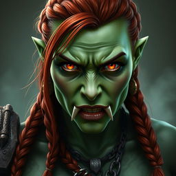 A hyper-realistic character portrait of a half-orc barbarian woman set in a dark fantasy realm