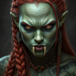 A masterpiece of hyper-realistic dark fantasy art, presenting a female half-orc barbarian woman with striking light green skin
