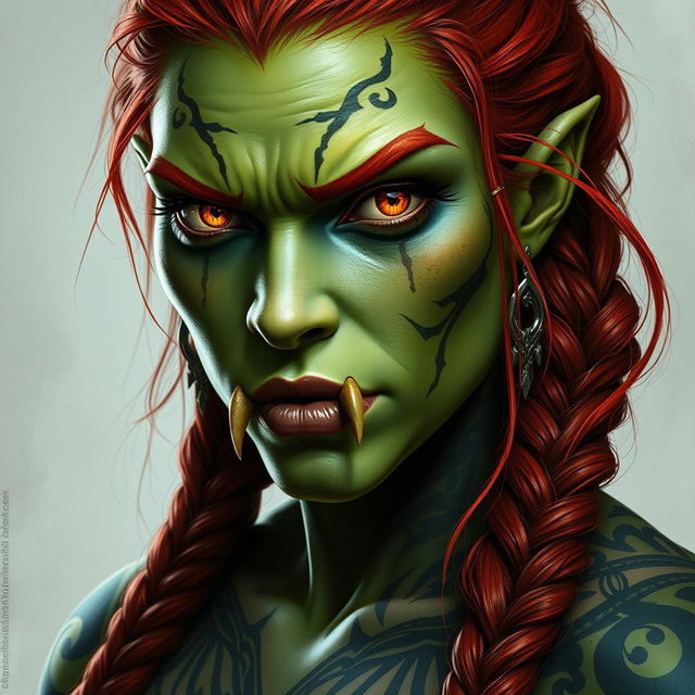 A masterpiece of hyper-realistic dark fantasy art, presenting a female half-orc barbarian woman with striking light green skin