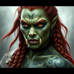 A masterpiece of hyper-realistic dark fantasy art, presenting a female half-orc barbarian woman with striking light green skin