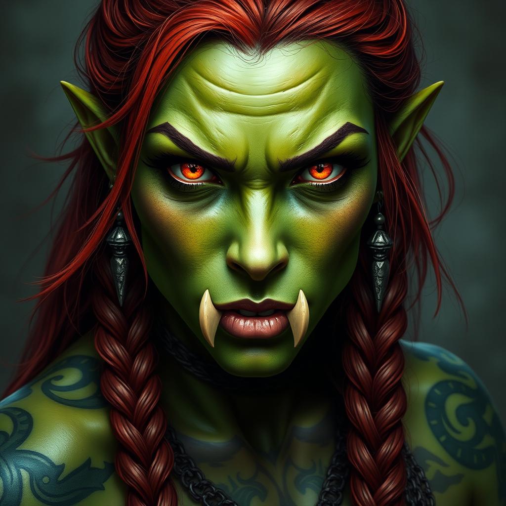 A masterpiece of hyper-realistic dark fantasy art, presenting a female half-orc barbarian woman with striking light green skin