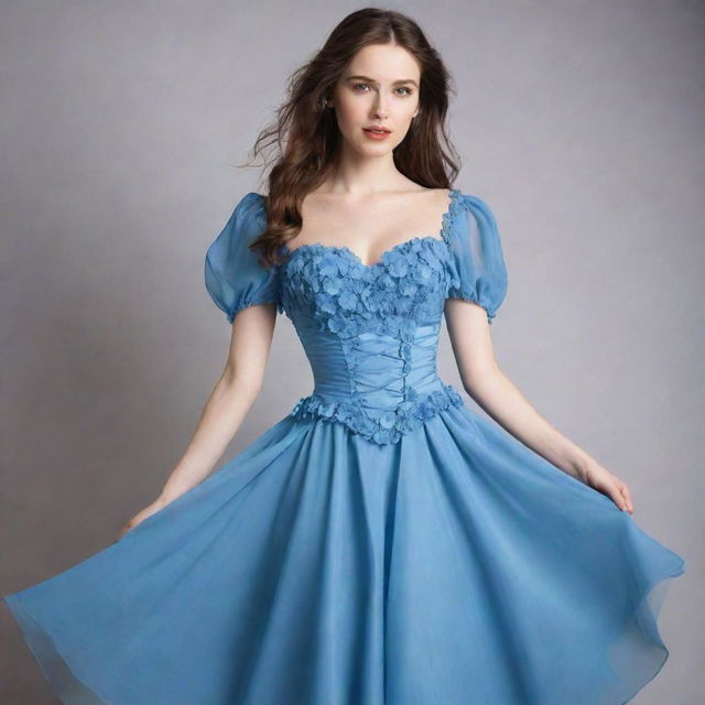 A viral-style, blue, flowy flower corset dress with sleeves, worn by a pale-skinned girl. The dress is not a gown but captures a trendy, casual elegance.