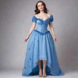 A viral-style, blue, flowy flower corset dress with sleeves, worn by a pale-skinned girl. The dress is not a gown but captures a trendy, casual elegance.