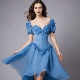 A viral-style, blue, flowy flower corset dress with sleeves, worn by a pale-skinned girl. The dress is not a gown but captures a trendy, casual elegance.