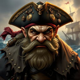 A fierce and determined angry dwarf pirate captain, depicted in a dynamic and striking character portrait inspired by the fantasy art of Magic: The Gathering