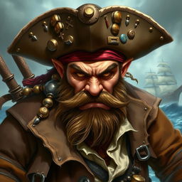 A fierce and determined angry dwarf pirate captain, depicted in a dynamic and striking character portrait inspired by the fantasy art of Magic: The Gathering