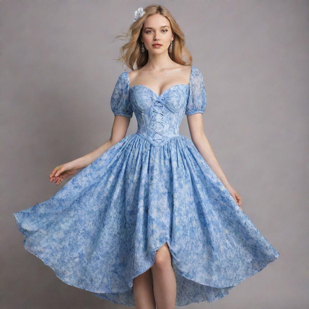 A viral trend-inspired, blue and white, flowy flower corset dress with sleeves, modeled by a pale-skinned girl. This outfit is not quite a gown, but a long, casually-elegant dress.