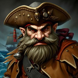A fierce and determined angry dwarf pirate captain, depicted in a dynamic and striking character portrait inspired by the fantasy art of Magic: The Gathering